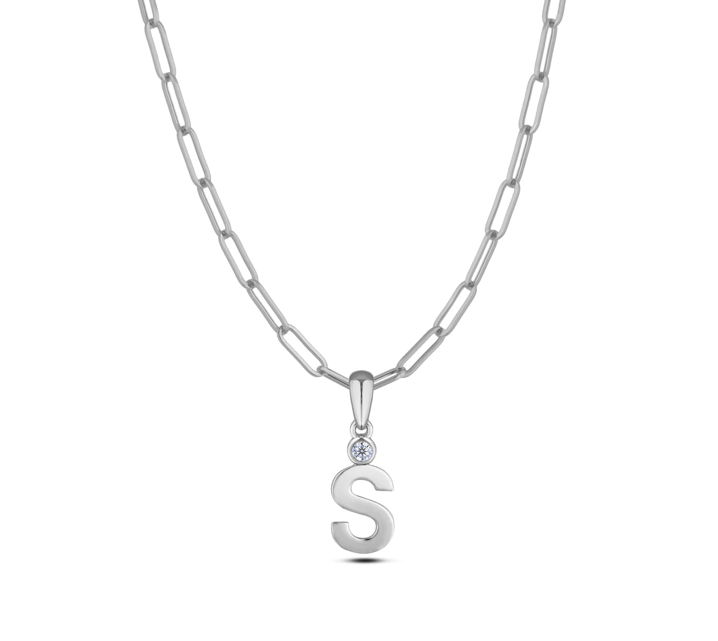 Sterling silver Canadian diamond pendant necklace featuring a black style letter S design, displayed on a matching silver paperclip chain.
