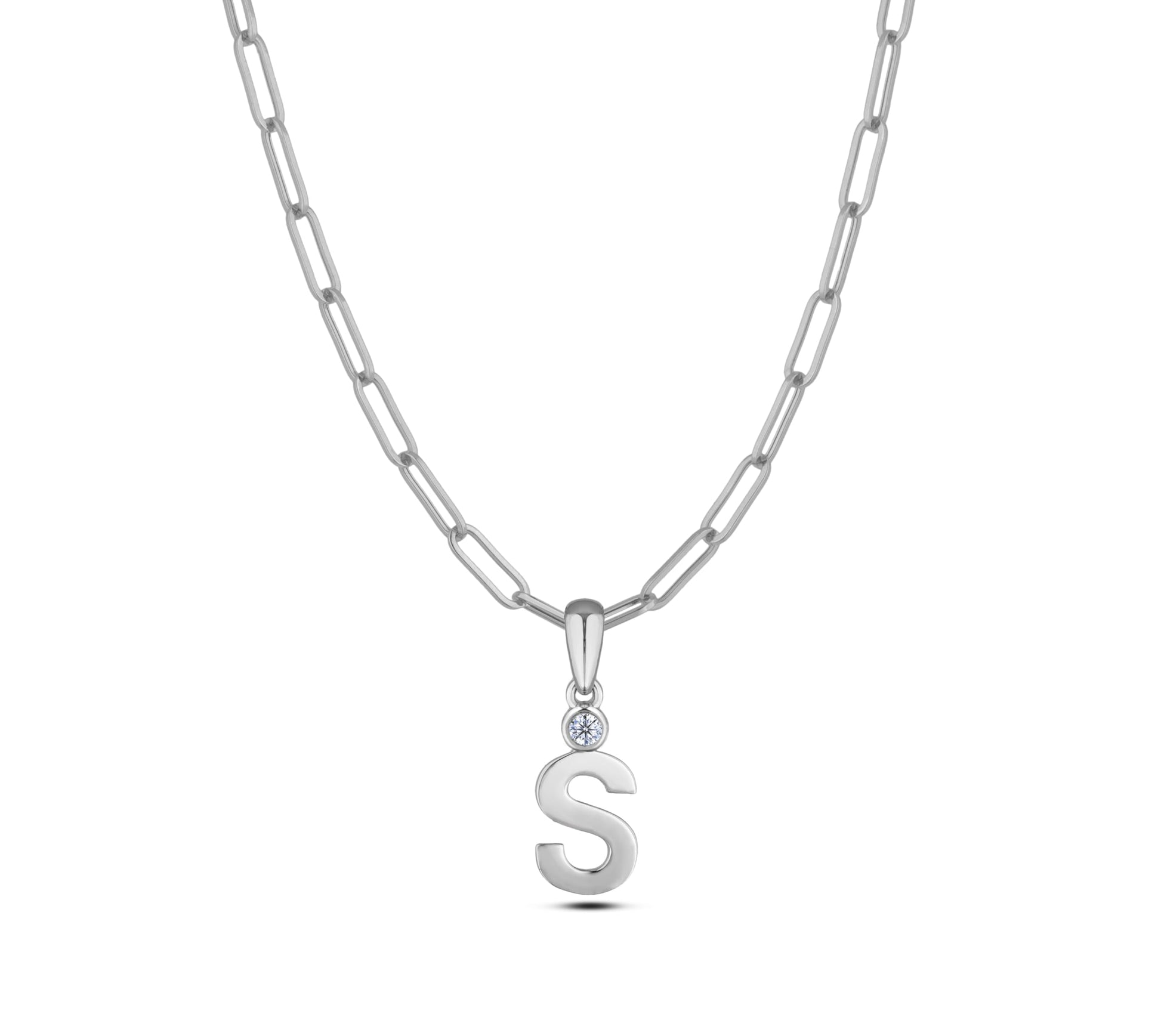 Sterling silver Canadian diamond pendant necklace featuring a black style letter S design, displayed on a matching silver paperclip chain.
