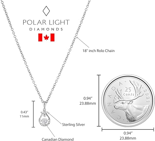 Polar Light Diamonds diamond necklace with center diamond dancing measurements and a Canadian quarter as reference on a white background