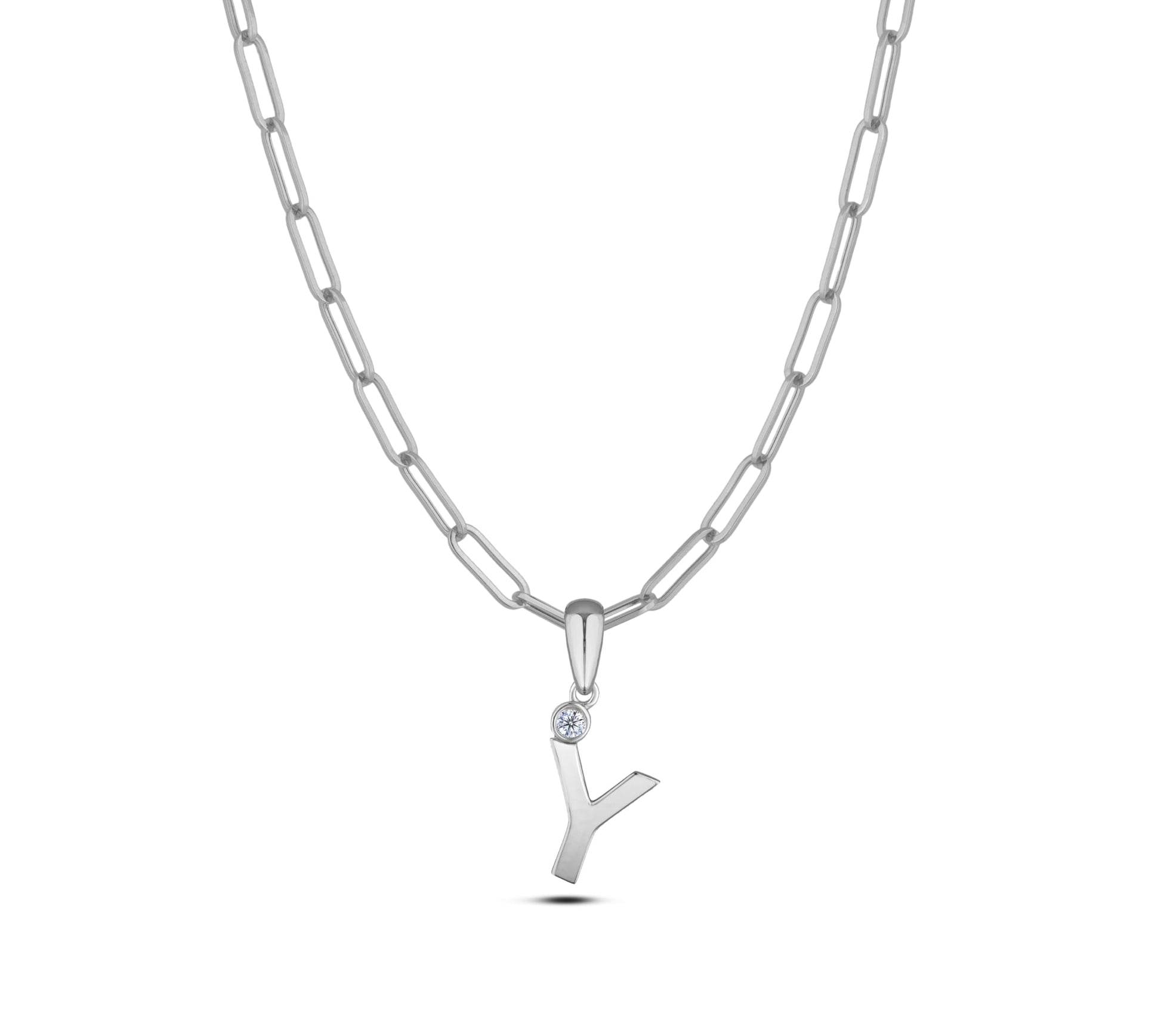 Sterling silver Canadian diamond pendant necklace featuring a black style letter Y design, displayed on a matching silver paperclip chain.
