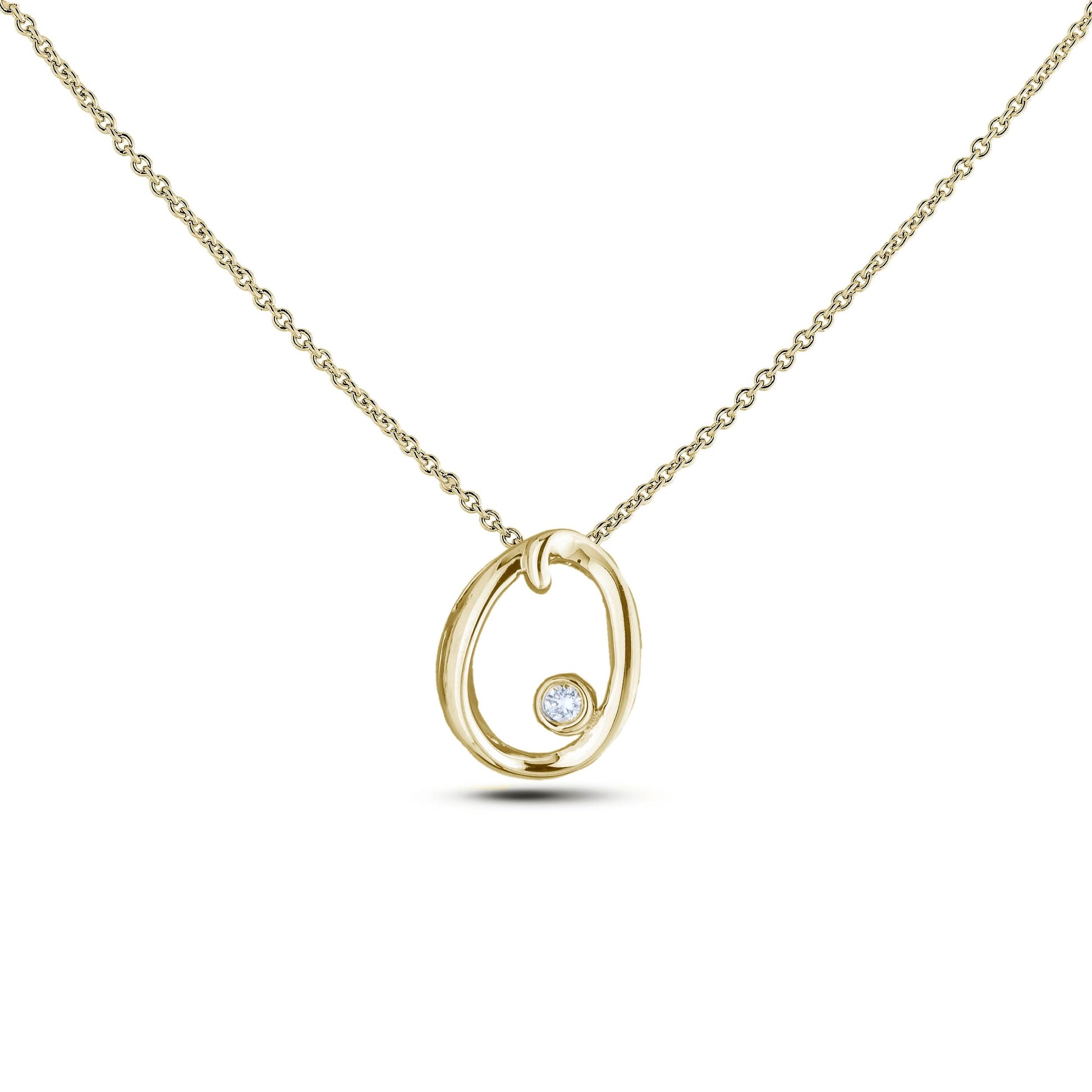 Yellow Gold Canadian diamond pendant necklace featuring a script alphabet letter Q design, displayed on a matching silver rolo chain.

