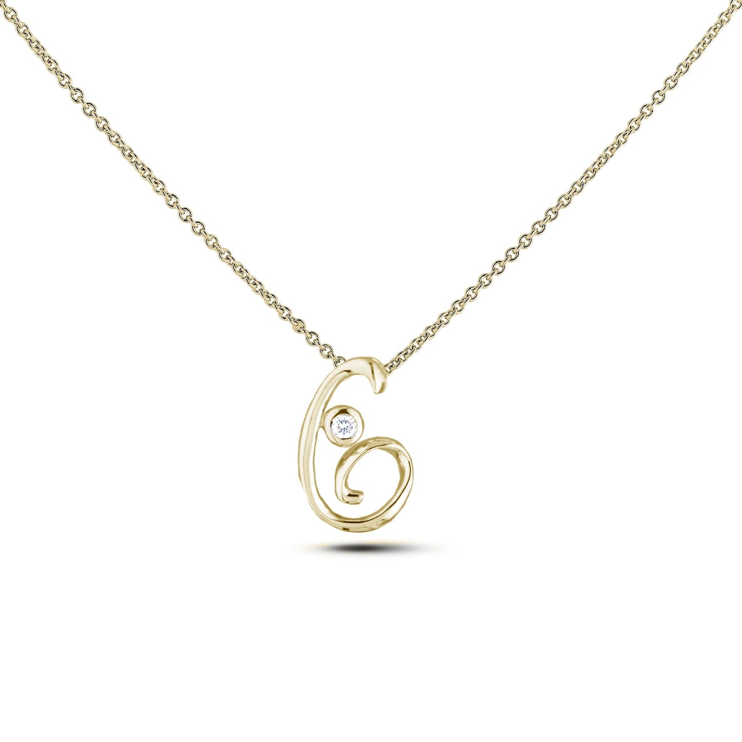 Yellow Gold Canadian diamond pendant necklace featuring a script alphabet letter G design, displayed on a matching silver rolo chain.

