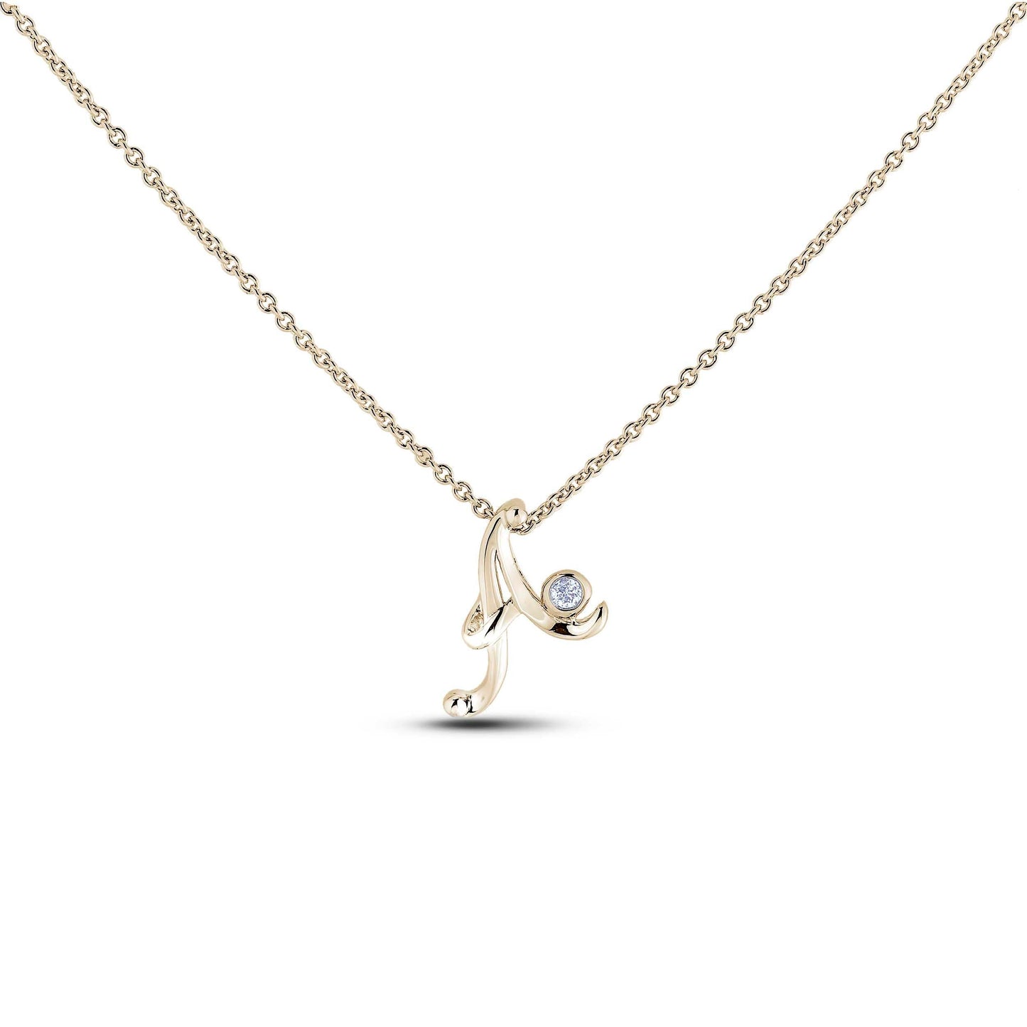 Yellow Gold Canadian diamond pendant necklace featuring a script alphabet letter A design, displayed on a matching silver rolo chain.