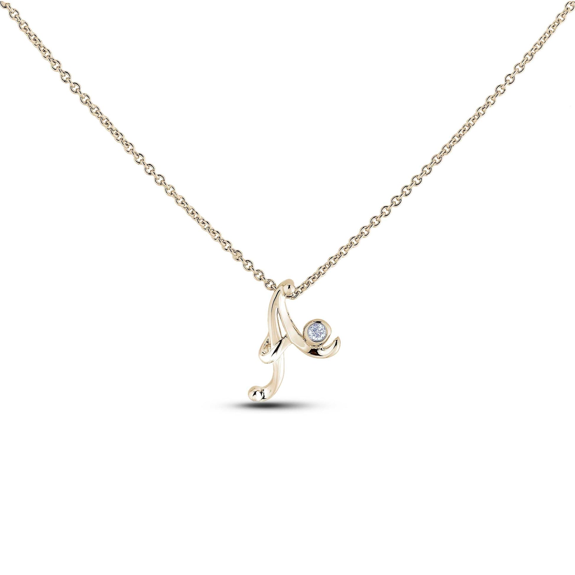 Yellow Gold Canadian diamond pendant necklace featuring a script alphabet letter A design, displayed on a matching silver rolo chain.