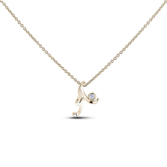 Yellow Gold Canadian diamond pendant necklace featuring a script alphabet letter A design, displayed on a matching silver rolo chain.
