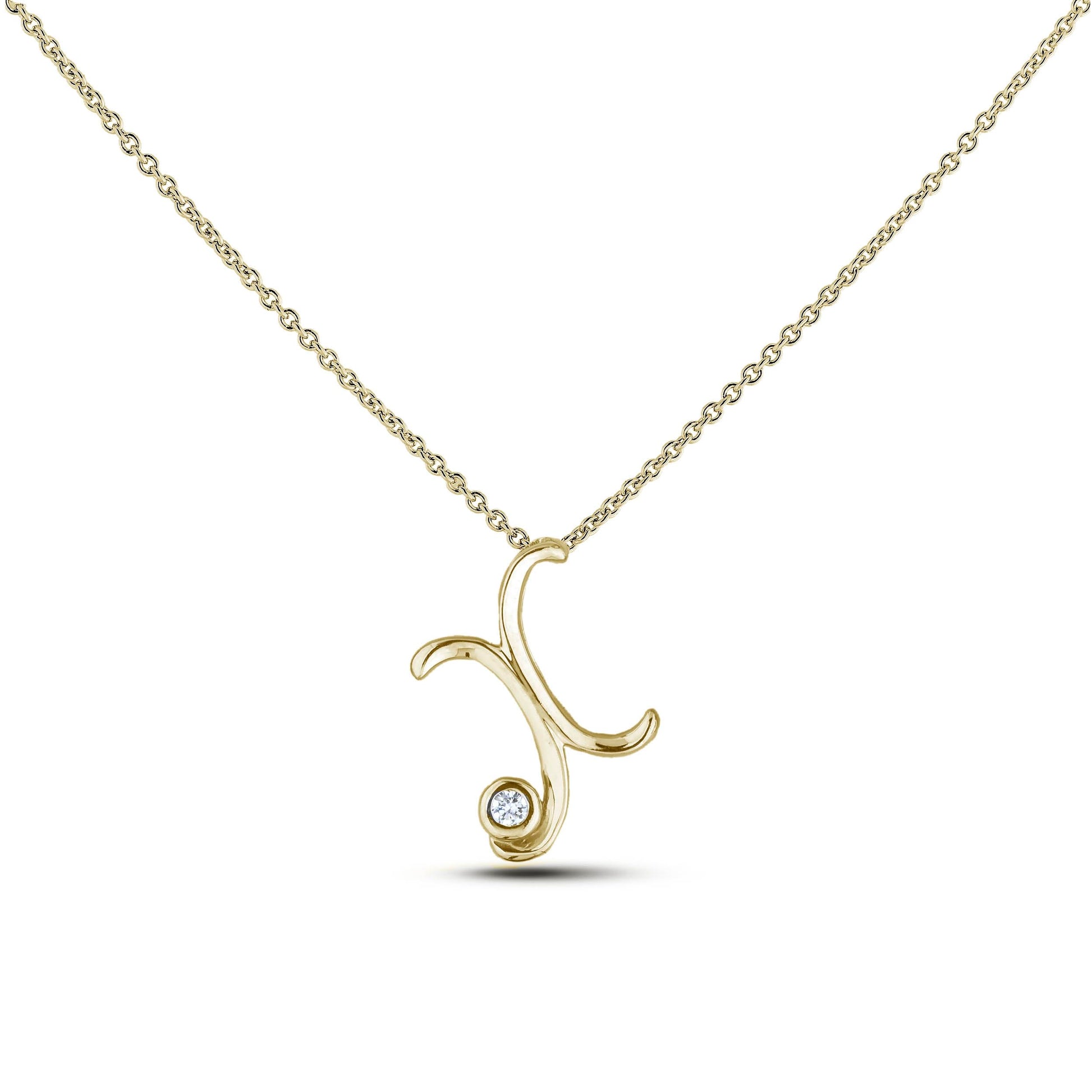 Yellow Gold Canadian diamond pendant necklace featuring a script alphabet letter W design, displayed on a matching silver rolo chain.

