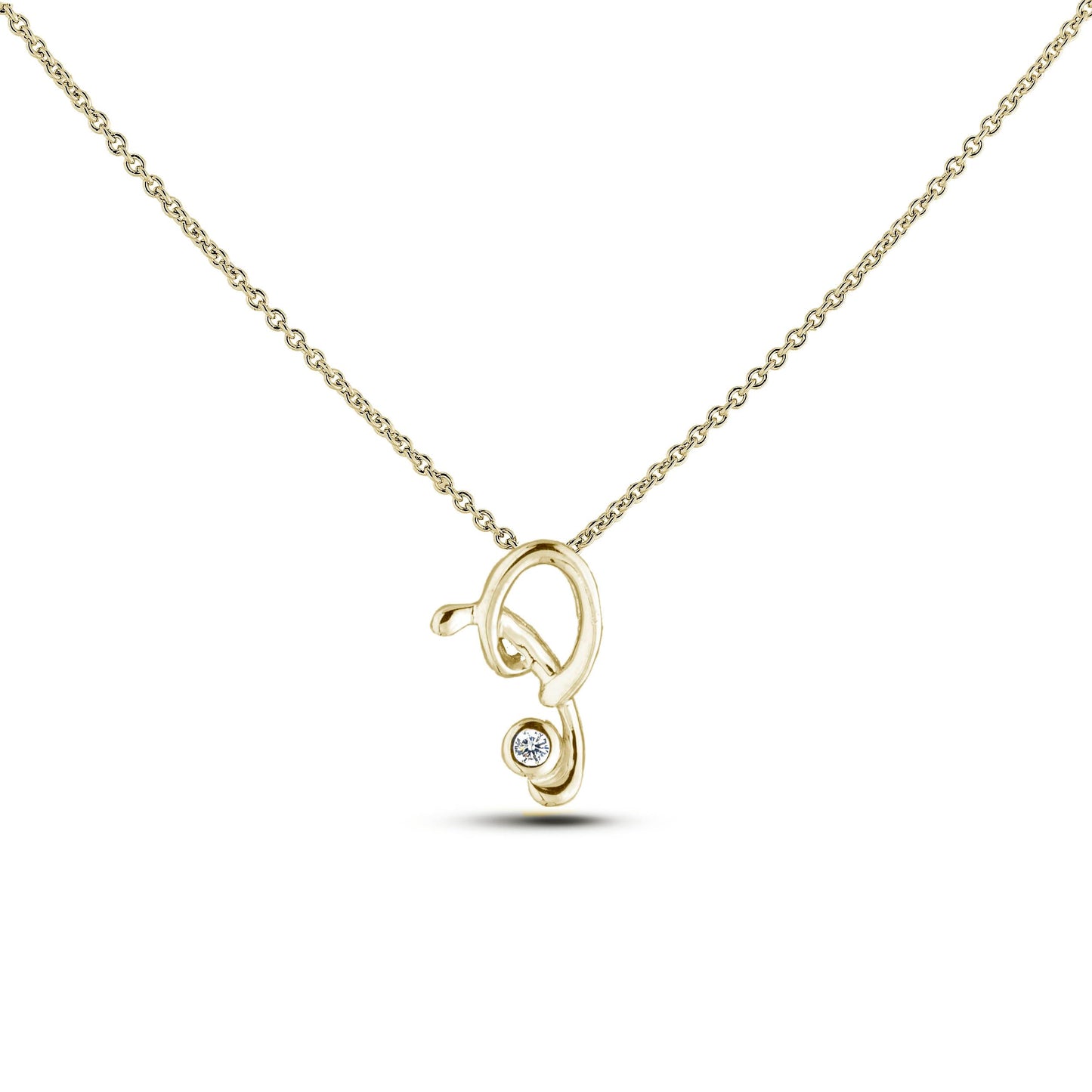 Yellow Gold Canadian diamond pendant necklace featuring a script alphabet letter O design, displayed on a matching silver rolo chain.

