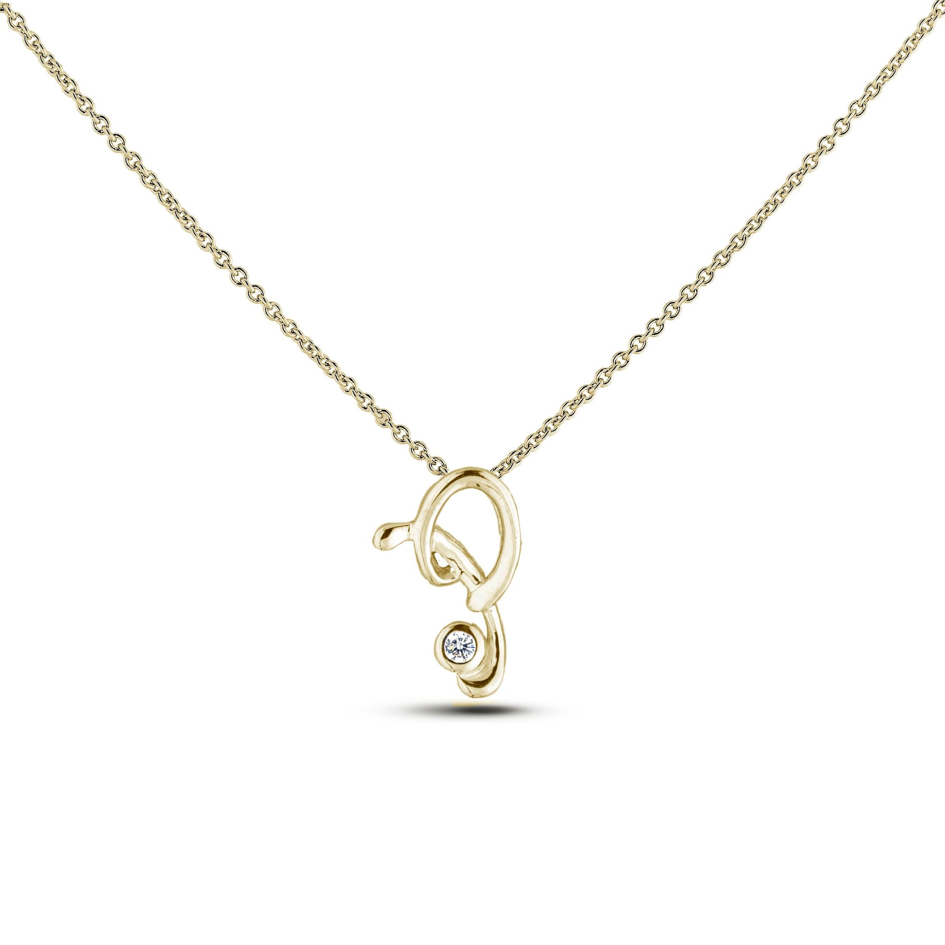 Yellow Gold Canadian diamond pendant necklace featuring a script alphabet letter O design, displayed on a matching silver rolo chain.

