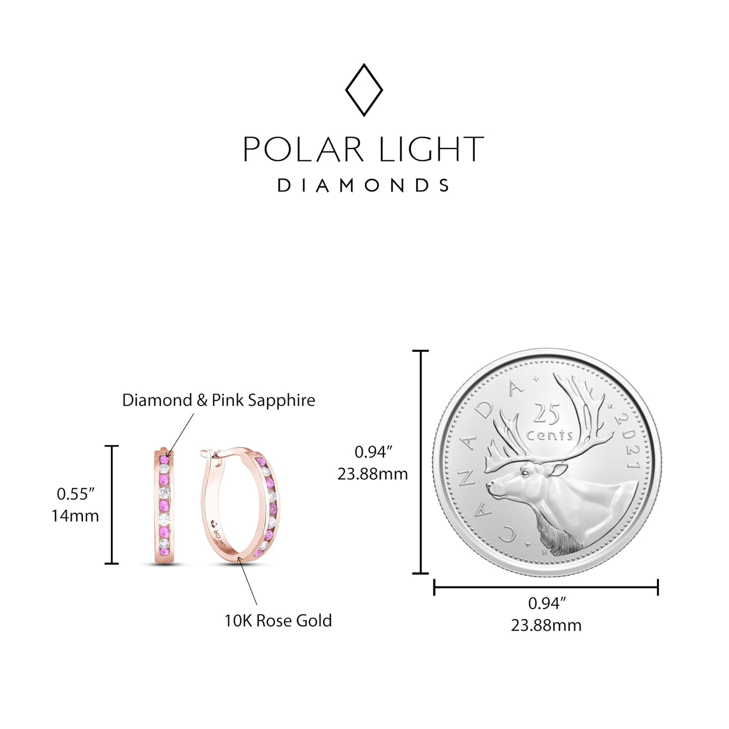 Size comparison of 10K rose gold hoop earrings featuring channel-set Canadian diamonds and pink sapphires, placed next to a Canadian quarter. This reference shot shows the scale of the earrings against the 23.88mm coin, highlighting the delicate, everyday size of the jewelry.