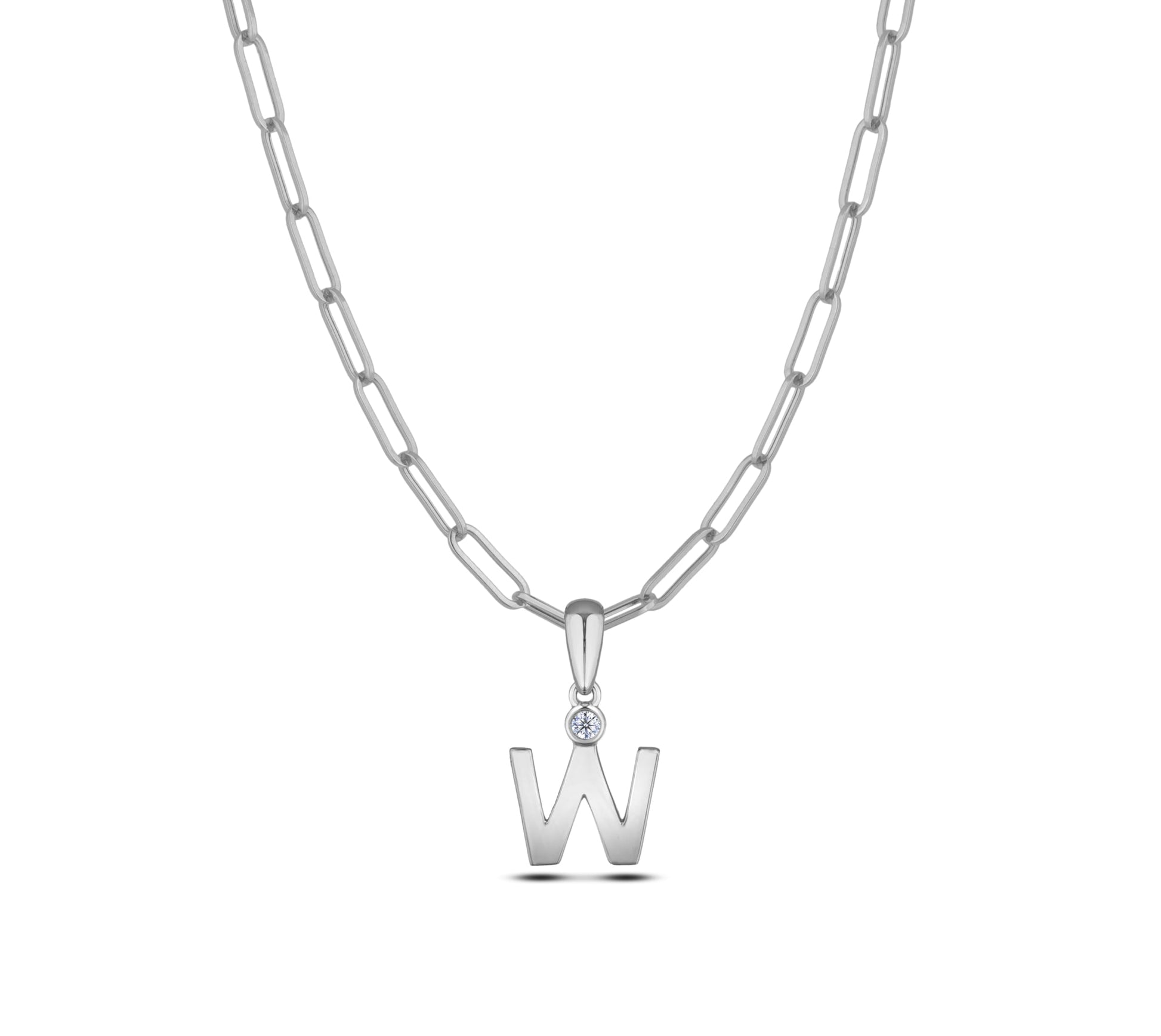 Sterling silver Canadian diamond pendant necklace featuring a black style letter W design, displayed on a matching silver paperclip chain.
