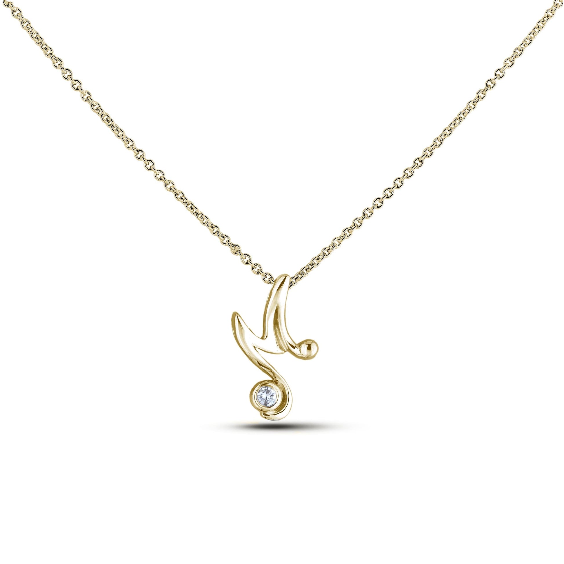 Yellow Gold Canadian diamond pendant necklace featuring a script alphabet letter M design, displayed on a matching silver rolo chain.

