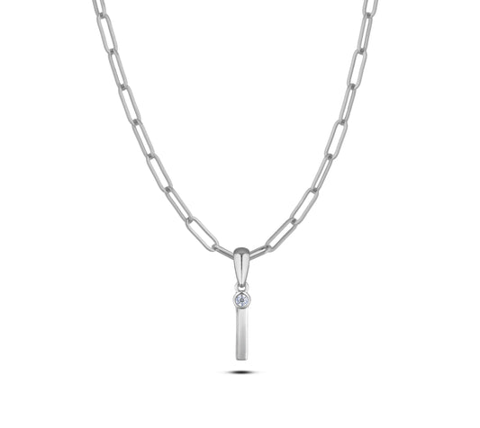 Sterling silver Canadian diamond pendant necklace featuring a black style letter I design, displayed on a matching silver paperclip chain.
