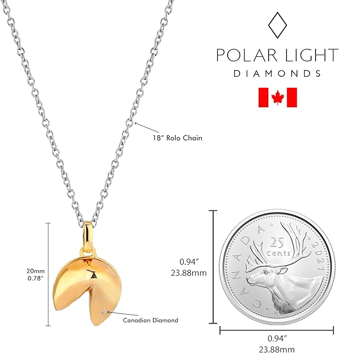 Canadian diamond fortune cookie pendant. Sterling silver 16 to 18 inch rolo chain with gold plated fortune cookie charm, Canadian quarter beside for size reference.