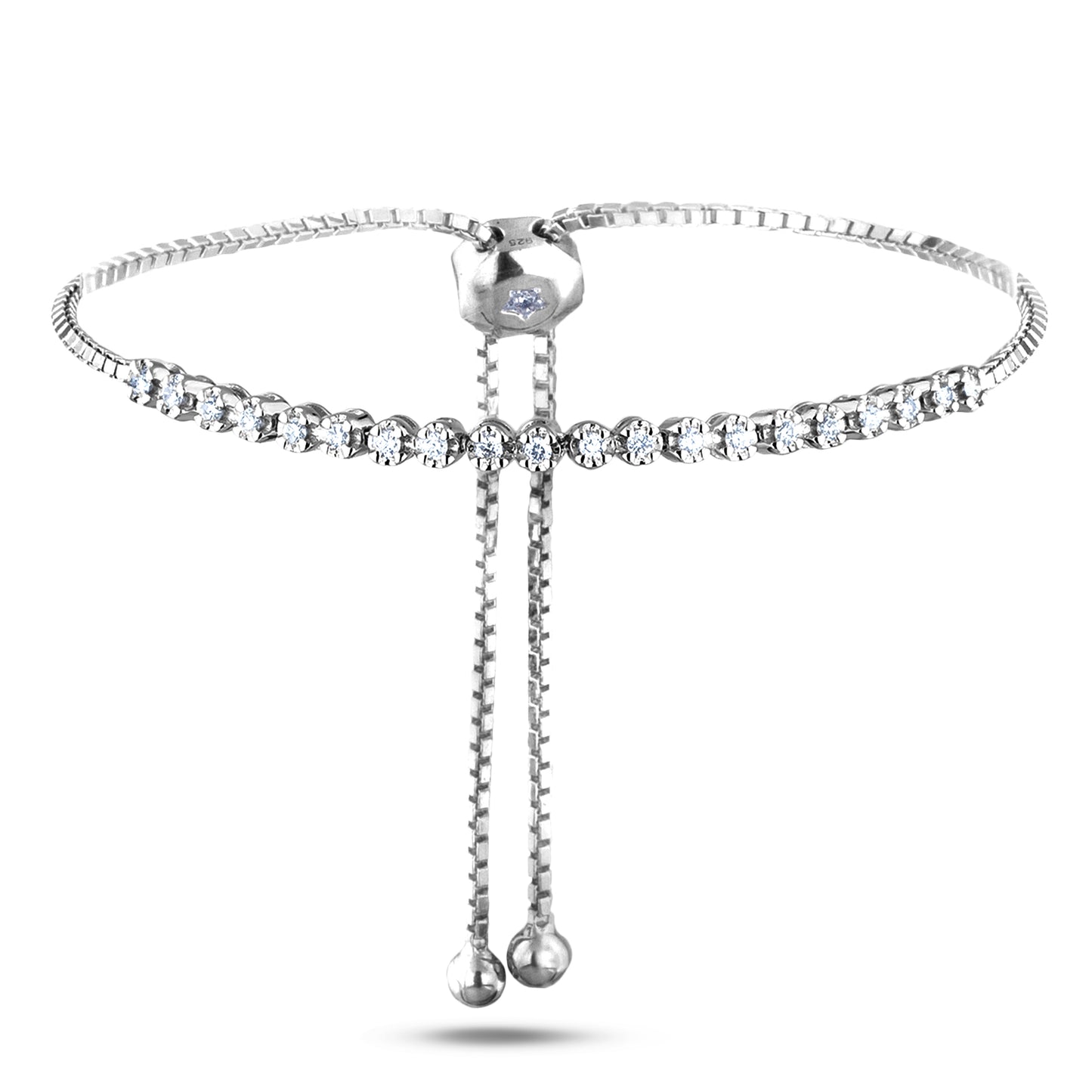 Silver half tennis diamond bolo bracelet with star detail on a white background