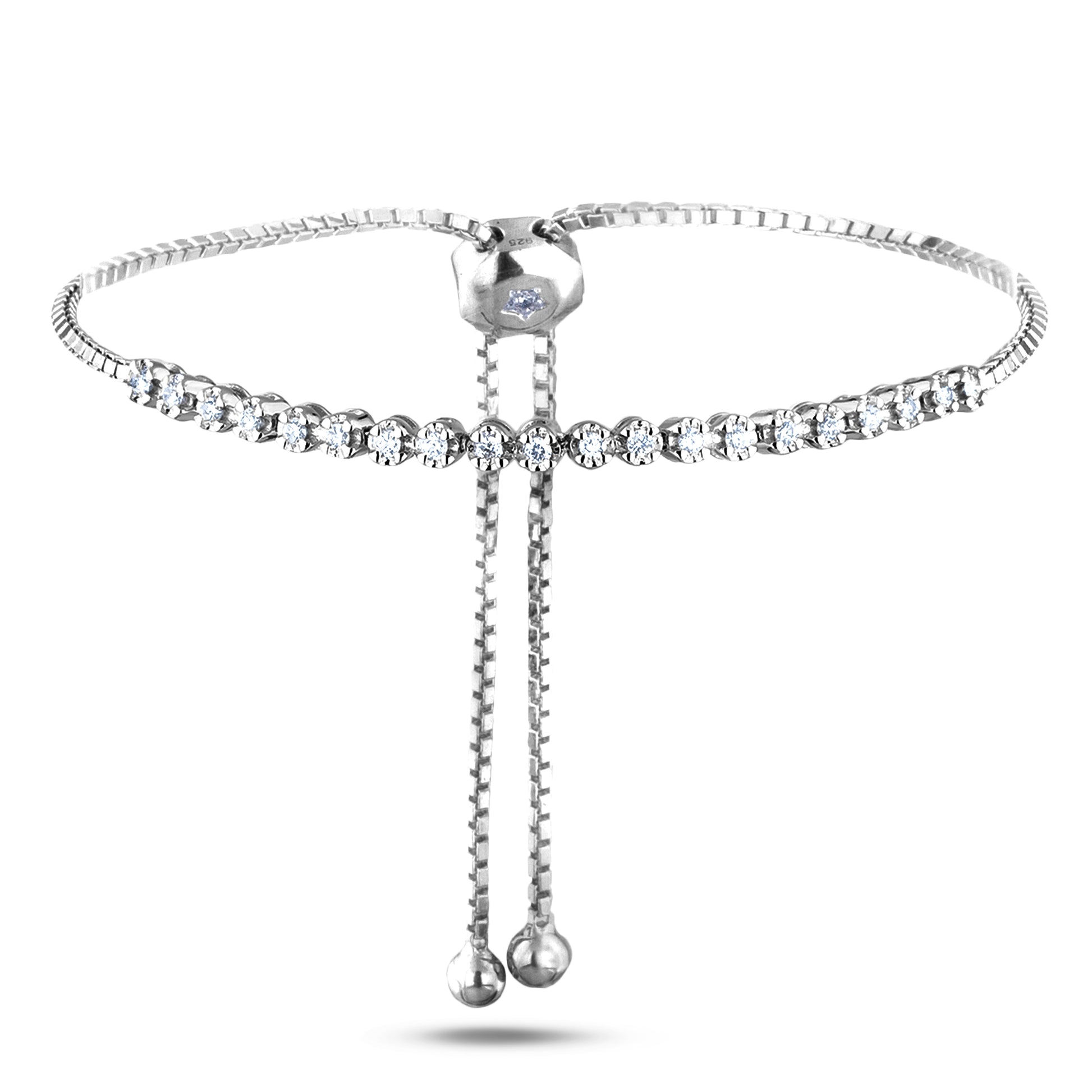 Silver half tennis diamond bolo bracelet with star detail on a white background