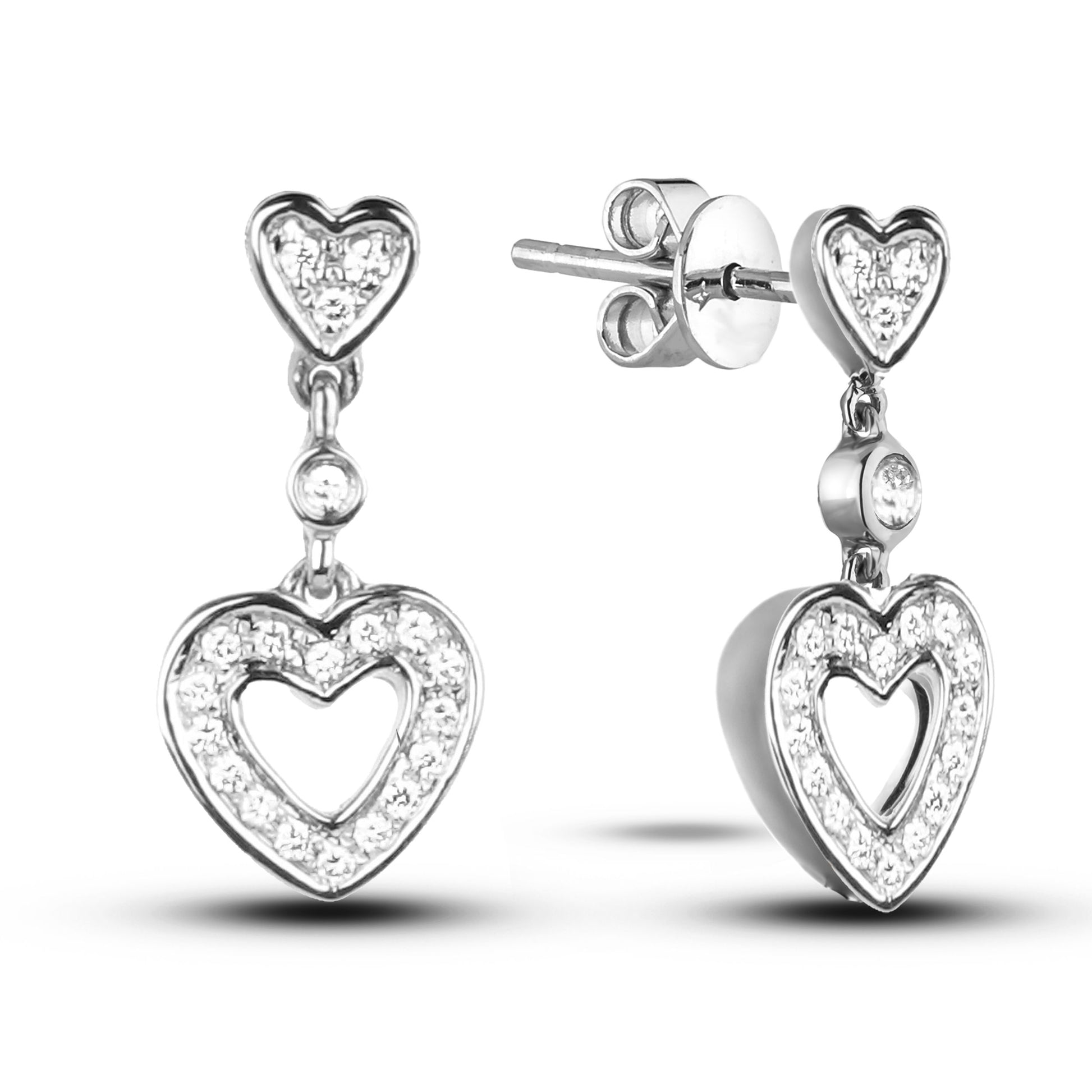 Heart-shaped stud earrings with dangle heart diamond outline, all Canadian diamonds, butterfly backing on a white background