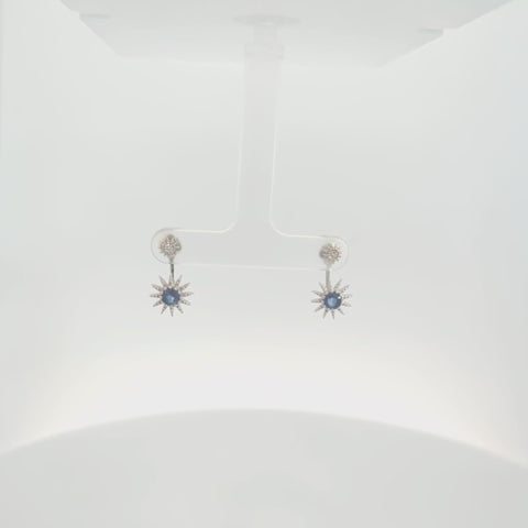 rotating video of sapphire and canadian diamond starburst dangle stud 
earrings