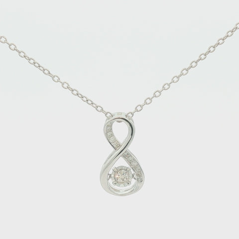 Rotating view of a sterling silver infinity pendant necklace on a rolo chain, featuring a 0.13 carat Canadian diamond design and a moving center dancing diamond.