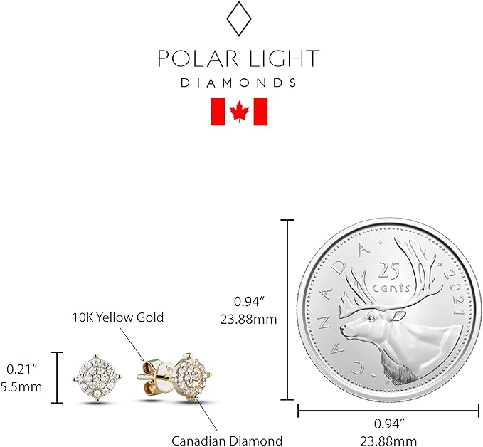10k yellow gold cluster diamond earrings with a Canadian coin for scale on a white background, featuring Polar Light Diamonds branding.