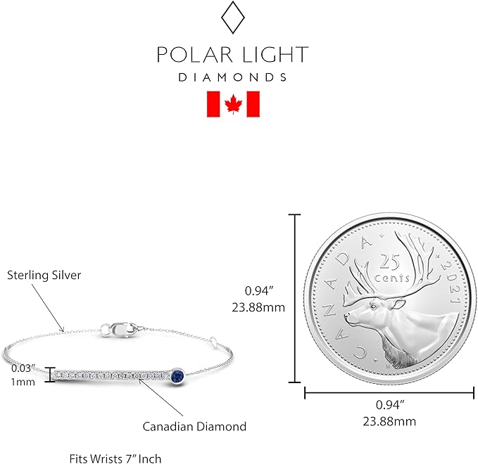 Bar bracelet with diamond and sapphire next to a Canadian quarter coin, featuring Polar Light Diamonds branding.
