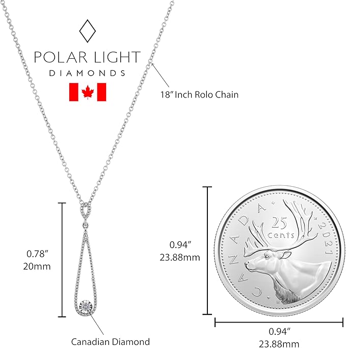 Silver necklace with milgrain design, solitaire Canadian diamond in miracle setting, rolo chain, and Canadian quarter measurements on a white background