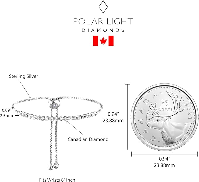 silver half tennis diamond bracelet and a comparison to a Canadian quarter coin on a white background.