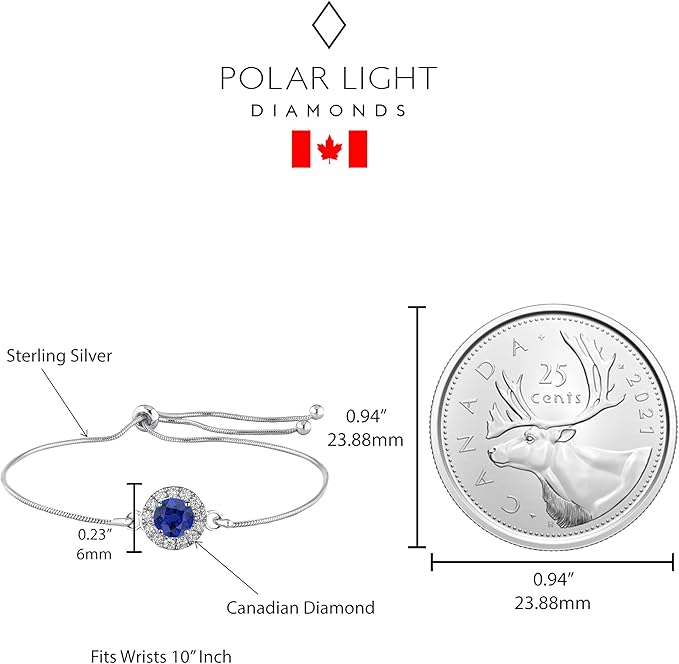 Silver bracelet with sapphire and Canadian diamond halo design, Canadian quarter for size comparison, branded as Polar Light Diamonds.