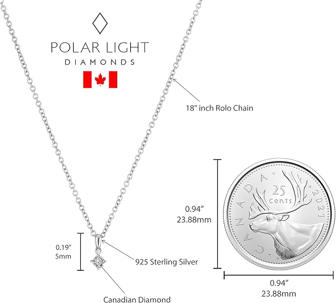 Sterling silver necklace with solitaire Canadian diamond pendant in a miracle setting next to a Canadian quarter for size comparison, featuring Polar Light Diamonds branding.