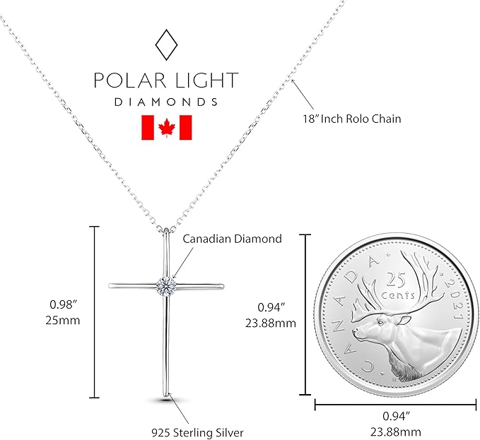 Silver cross necklace with Canadian diamond, 18-inch Rolo chain with adjustment ring at 16 inches, and measurements on a white background. Canadian quarter is featured for a size comparison.
